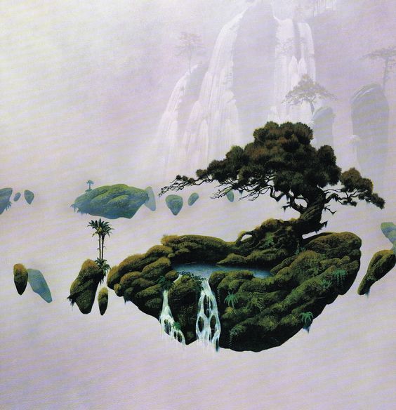 Roger Dean floating island and lake album cover design